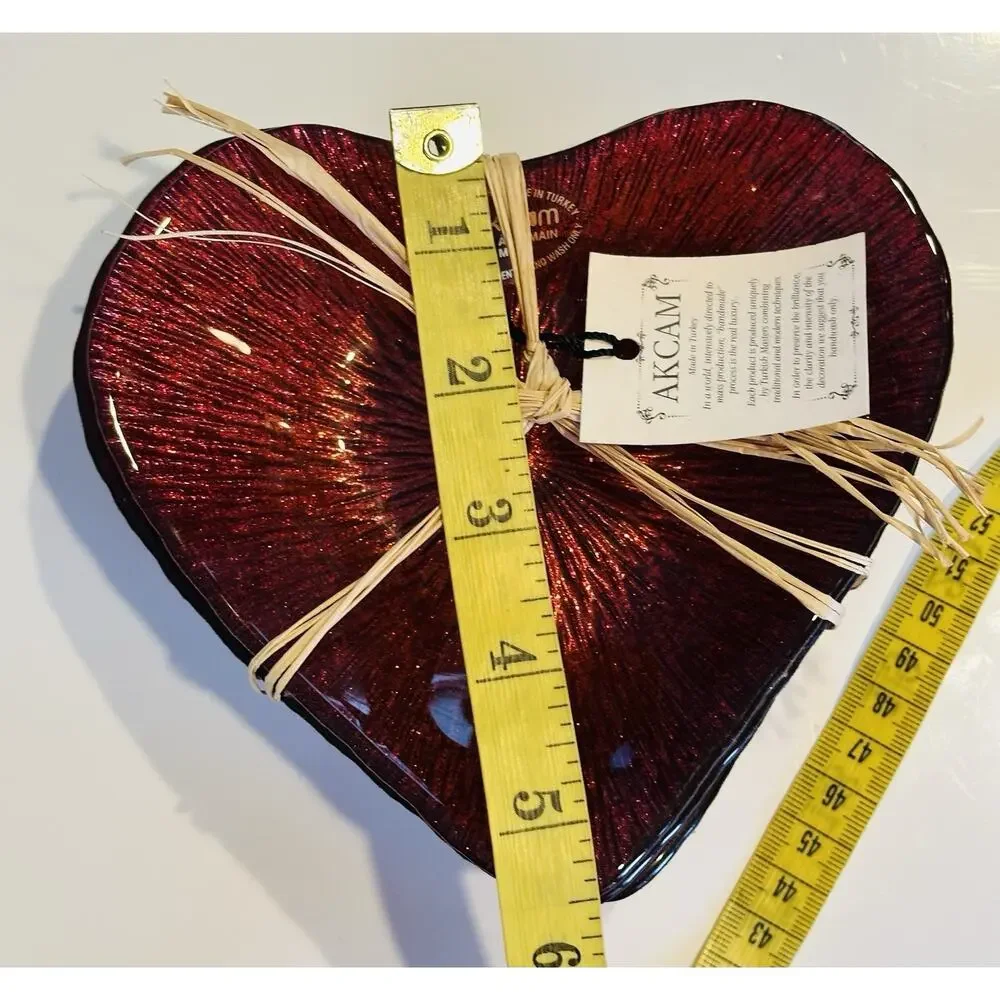 4 Akcam Red Glitter Glass Heart Appetizer Dessert Plate Dish Set Love Turkish